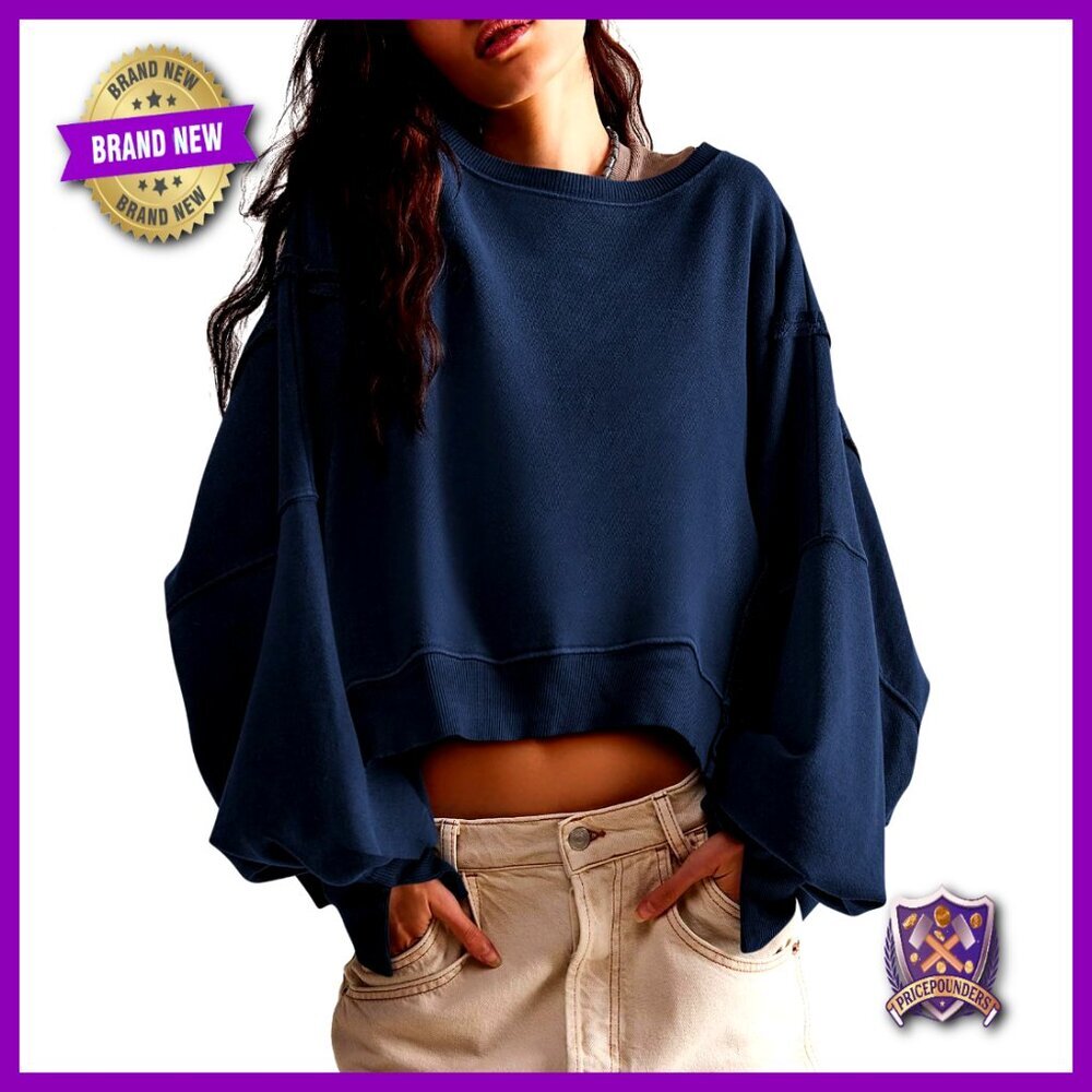 Loose Fit Crop Top Sweatshirt Long Sleeve Crewneck Side Slit Casual